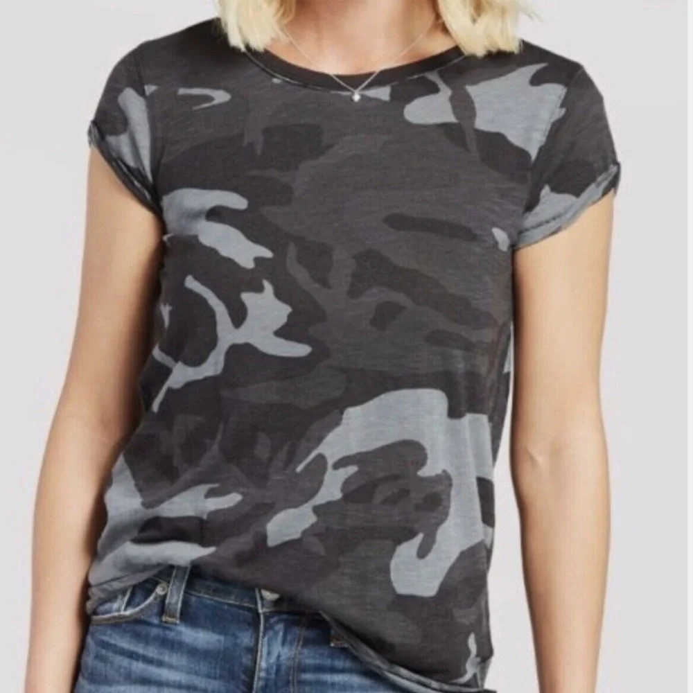 NWT Free People We the Free Clare black and grey camo short sleeve top - Picture 2 of 6